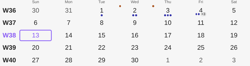 Days with one, two and three dots in a row, a band dot above two of them, and a +3 badge on the longest note