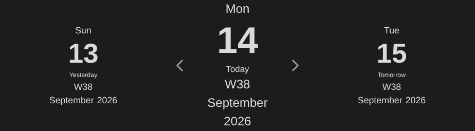 A navigation block for Sunday 13, Monday 14 and Tuesday 15, whose last line holds the month and year as two segments