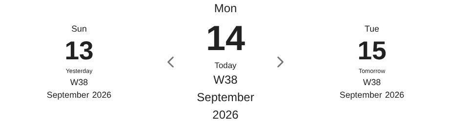 A navigation block for Sunday 13, Monday 14 and Tuesday 15, whose last line holds the month and year as two segments