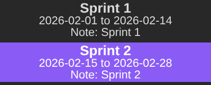 Two sprints listed by name, dates and note name, the second highlighted