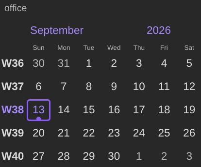 A month calendar under a shelf selector reading "office", with one circle on today's cell