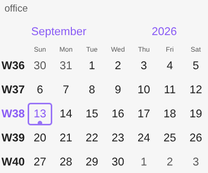 A month calendar under a shelf selector reading "office", with one circle on today's cell
