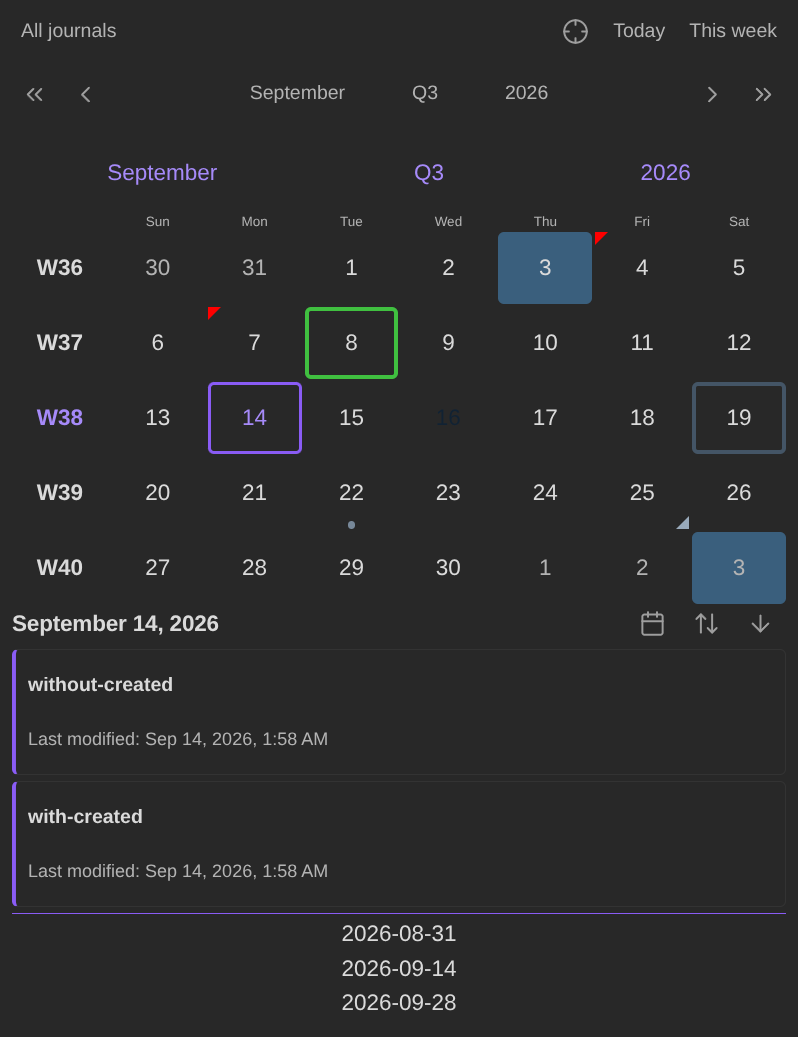 A sidebar view: toolbars, a decorated September calendar, the two notes for the 14th and a list of sprint dates