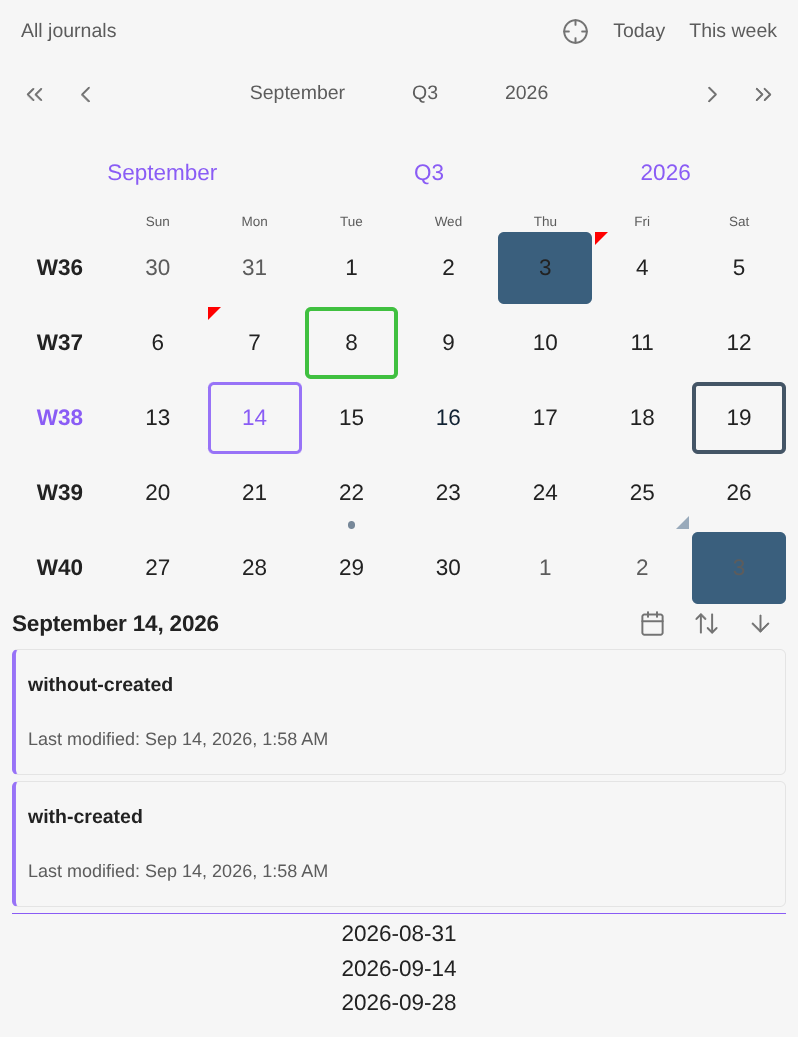 A sidebar view: toolbars, a decorated September calendar, the two notes for the 14th and a list of sprint dates